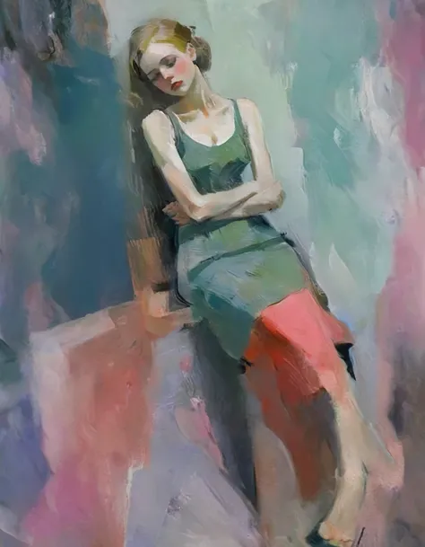 Create a portrait of a young woman in a semi-reclining pose with a pensive expression. Use a painterly style inspired by Malcolm Liepke, characterized by expressive brushstrokes and rich texture. Employ a color palette of muted greens, soft pinks, deep pur...