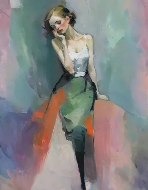 Create a portrait of a young woman in a semi-reclining pose with a pensive expression. Use a painterly style inspired by Malcolm Liepke, characterized by expressive brushstrokes and rich texture. Employ a color palette of muted greens, soft pinks, deep pur...