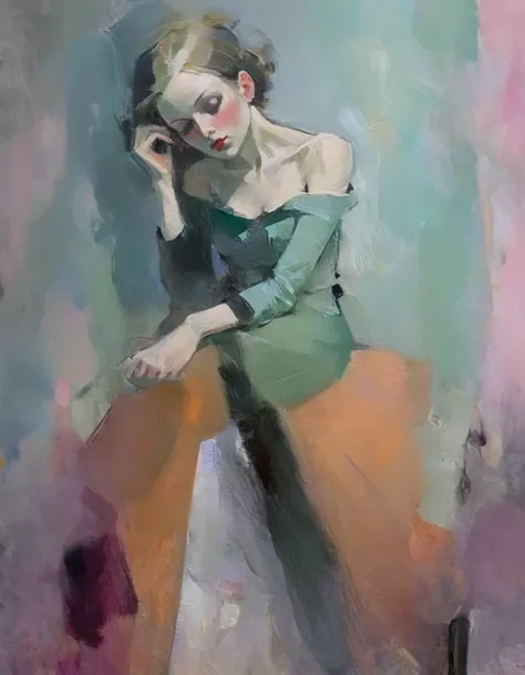 Create a portrait of a young woman in a semi-reclining pose with a pensive expression. Use a painterly style inspired by Malcolm Liepke, characterized by expressive brushstrokes and rich texture. Employ a color palette of muted greens, soft pinks, deep pur...