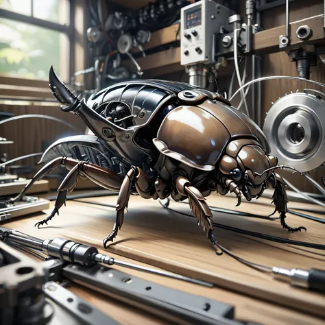 mechanical creatures, Japanese rhinoceros beetle, precision instruments, machines, machine parts, LED eyes, wire cables, (ultra detailed, absolutely resolution, best quality:1.3), 2.5D, delicate and dynamic, artistic photography, hyper realistic, graphic C...