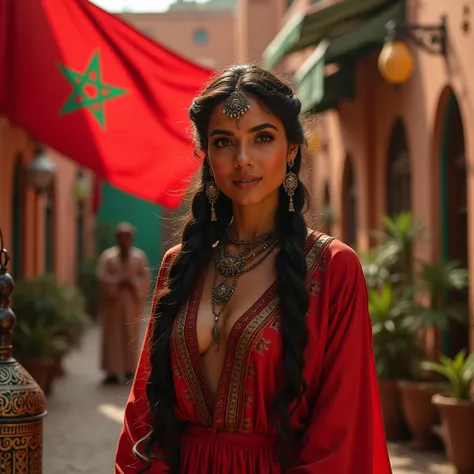 Marrakech photo of alluring beautiful woman, curvy, sparkling, bright eyes, long braids, Moroccan flag waving, Amazigh traditional dress, Berber culture, Morocco lamps, (masterpiece) (best quality) (detailed) (8k) (HDR) (wallpaper) (cinematic lighting) (sh...