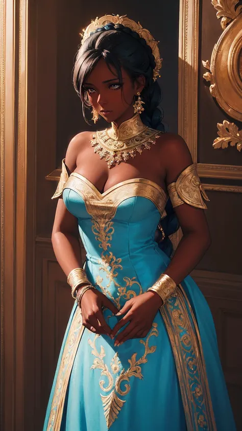 Woman with dark skin and perfect, detailed eyes, Seriously, chic, transparent shiny blue dress, aristocratic, beautiful gold elements, perfect short nails, bared shoulders, coiffure, hair up, Braid, messy, haughty, absurdly detailed dress, celebration, hal...