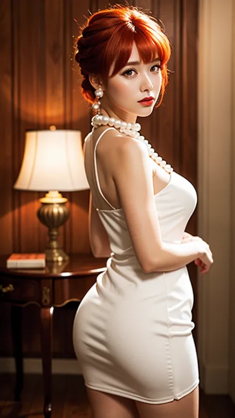 ((masterpiece, Best Quality)),(complex lighting) ,Whole body, Alone, Wilma Flintstone, Red hair, Horse tail, White dress, Pearl Necklace, lipstick,