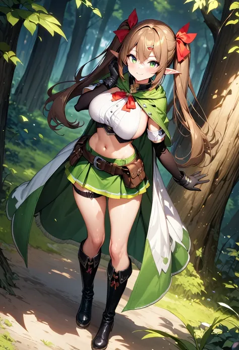 (masterpiece),(best quality),(ultra-detailed),(best illustration),(best shadow),(absurdres),(detailed background),(very aesthetic), 1girl, solo, pointy-ears, ((brown-hair)), green-eyes, gloves, boots, twintails, skirt, elbow-gloves, hair-ornament, navel, l...