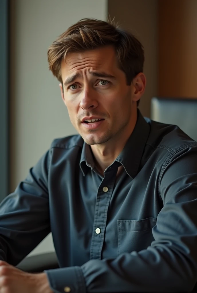 a 25 year old man, with short brown hair, sitting in a chair, Talking worriedly and with a blurred background
