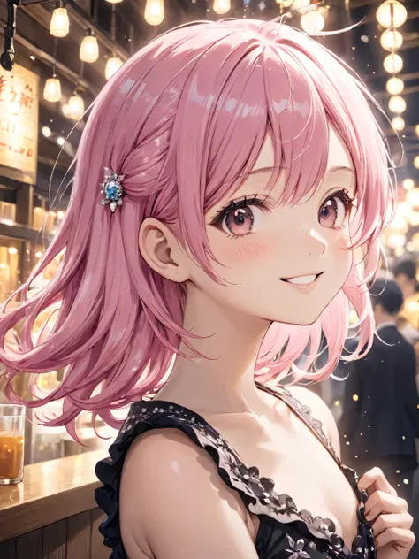 Highest quality, Highest quality, 16K, Unbelievably absurd, Very detailed, 2.5D, delicate and dynamic,A Kind World,One Girl,18-year-old, Pink Hair,Side Up,Private Server,one piece,In Tokyo,sexy,smile,Cute,Upper Body