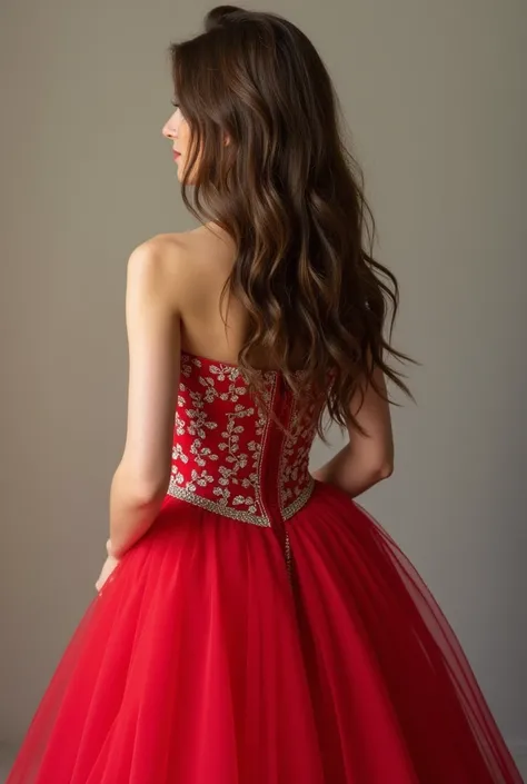 A quinceanera from behind in a red dress, Brown hair, with white skin and beautiful lively