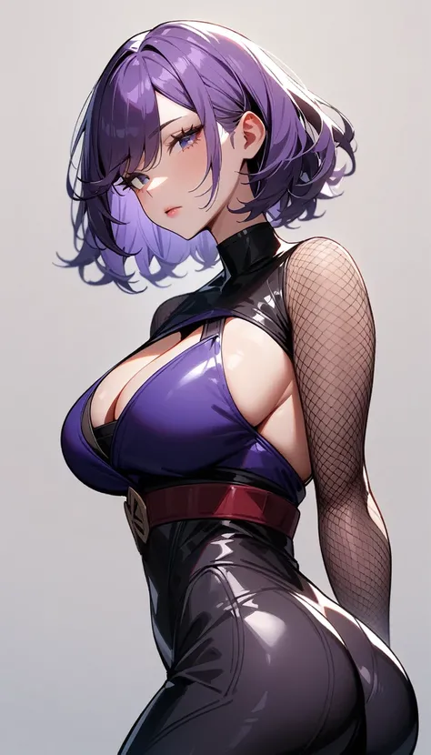 1girl,solo,super detailed skin,shiny skin,expressionless face,purple hair,short hair,swept bangs,half open eyes,eyelashes,lips gloss ,large breasts,fullbodysuit,fishnet arms,cleavage cutout,ninja clothes ,back shot,ass,asymmetry clothes ,simple background,...