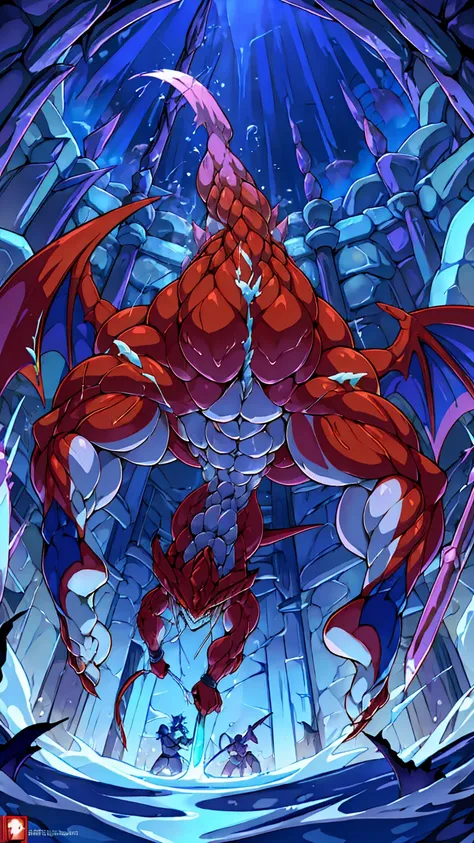 red body,blue hood,slender and huge muscles,armor,ready your spear,bulging muscles,evil atmosphere,water temple,大きなready your sp...