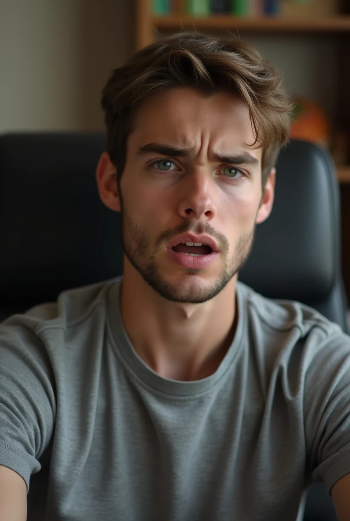 A 20 year old man, with short brown hair, sitting in a chair, Talking worriedly and with a blurred background
