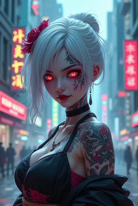 geisha.Asian. white  hair. tattooed. Cyberpunk Background. cyberpunk. Grinning . Eyes red. smoke 