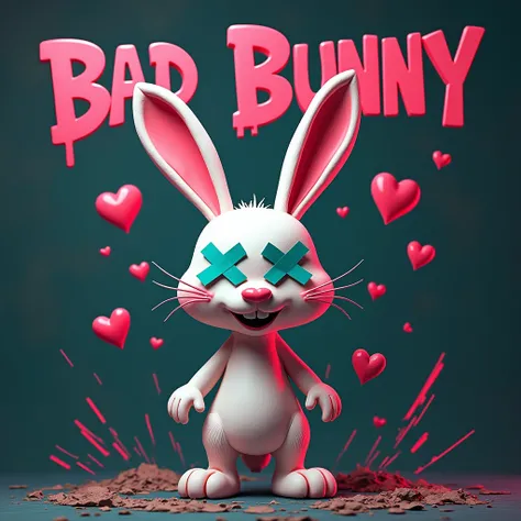 3D rabbit with tapes on eyes, Place a mischievous bunny character in the center of the composition on a textured, dark background. Surround the bunny with floating hearts and glitched lines, and integrate the text Bad Bunny above the character in a bold, g...