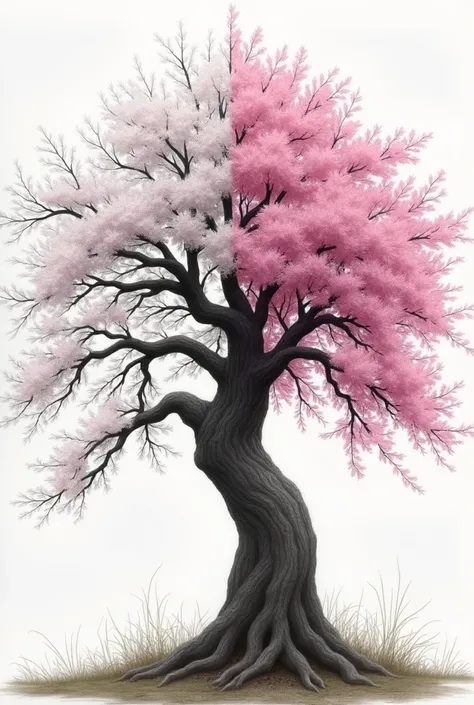 Realistic drawing of sakura tree, half dry, without leaves or flowers, and half with leaves and flowers