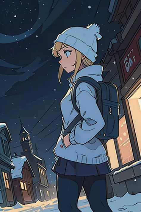 masterpiece, cinematic angle, dynamic framing, low shot poster, a wide shot of a beautiful, slim blonde woman wearing a bright blue sweater, tights, beanie and a backpack walking into a small, creepy town at night, weather snowing, snowy, blizzard with sca...