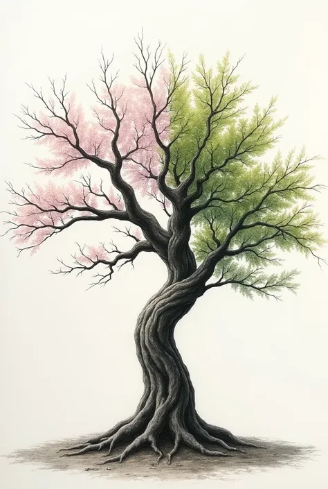 Realistic drawing of sakura tree, half dry, without leaves or flowers, and half with leaves and flowers