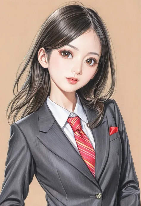 Colored pencil drawing、Woman in a suit、Japanese