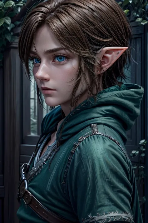 Very detailed, Ultra-realistic digital portrait of Link from The Legend of Zelda, Facing forward、Very detailed顔の特徴, Piercing blue eyes, Sharp jawline, disheveled brown hair, Confident expression, Green-themed elf clothing