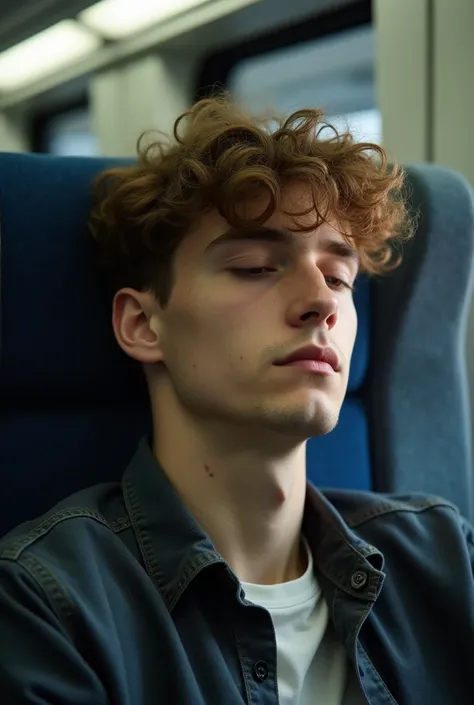 A 20 year old man, with brown hair , sleeping on a train seat
