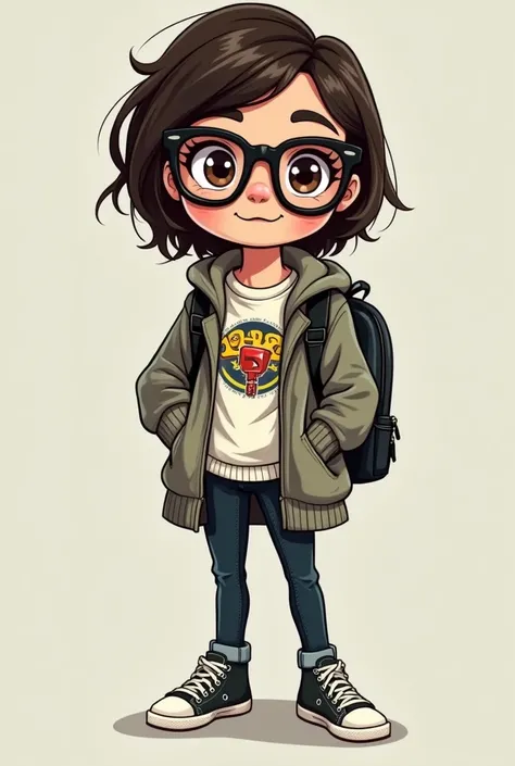 Cami is a nerdy character with a look that mixes intellectual charm and practicality.. Their eyes, grandes e expressivos, are a light brown shade, often hidden behind thick, black-framed glasses. The hair is generally medium length., with a dark brown or b...