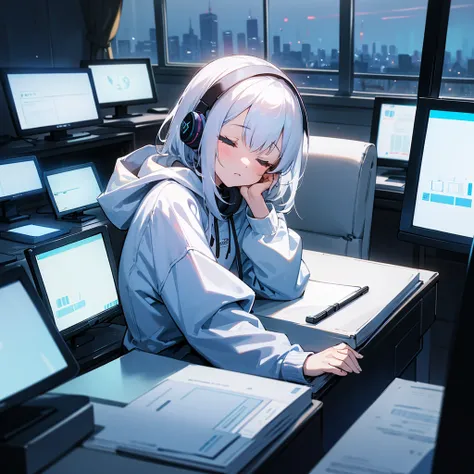 A girl with white hair and around middle school age was wearing a hoodie.、Sleeping face down on a desk with headphones on、Surrounded by a dark room、The girl is sitting in a chair in front of the computer、There is a window in the back and the beautiful nigh...