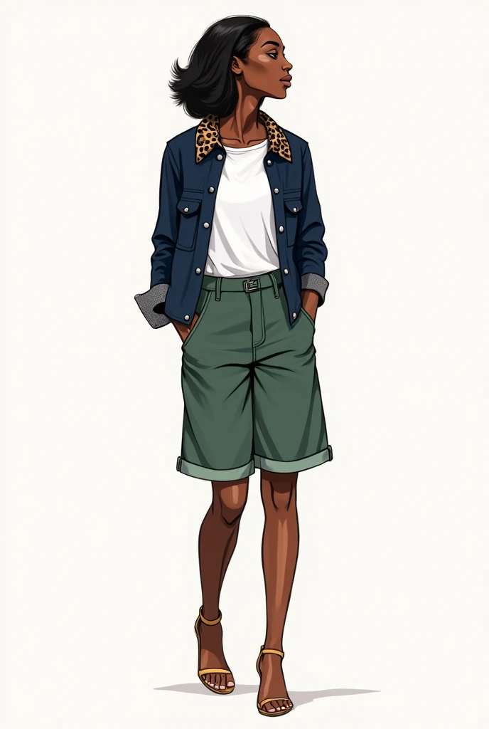 I would like a fashion sketch of a woman with black skin. A white baby tee with a small. Bermuda length jacket in dark blue with leopard print only on the collar. A pair of wide green denim-style shorts. Thin sandal on the feet.