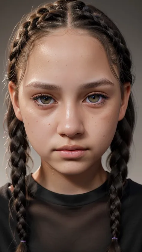 a beautiful 12 year old girl, white skin, brown eyes, black hair with braids, black shirt, extremely detailed face and eyes, beautiful detailed lips, longeyelashes, high quality, photorealistic, studio lighting, vivid colors