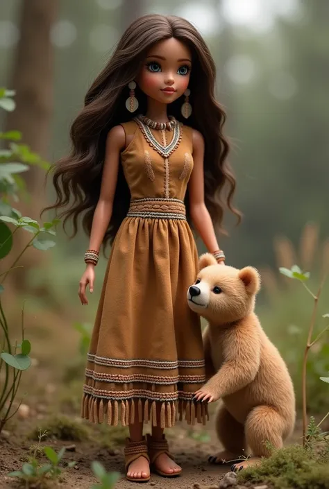 Native american barbie with light brown hair in a brown dress next a baby bear.