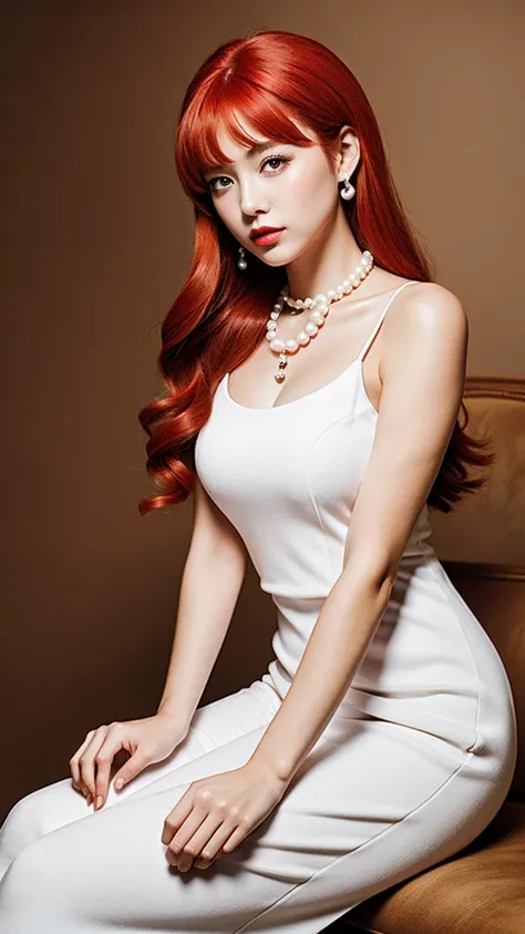 ((masterpiece, Best Quality)),(complex lighting) ,Whole body, Alone, Wilma Flintstone, Red hair, Horse tail, White dress, Pearl Necklace, lipstick,