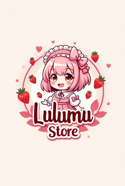 Create a logo with the name of "Lulumu Store" with pink colors, red , white, little animated strawberries around and a girl with pastel pink hair dressed as a lolita 