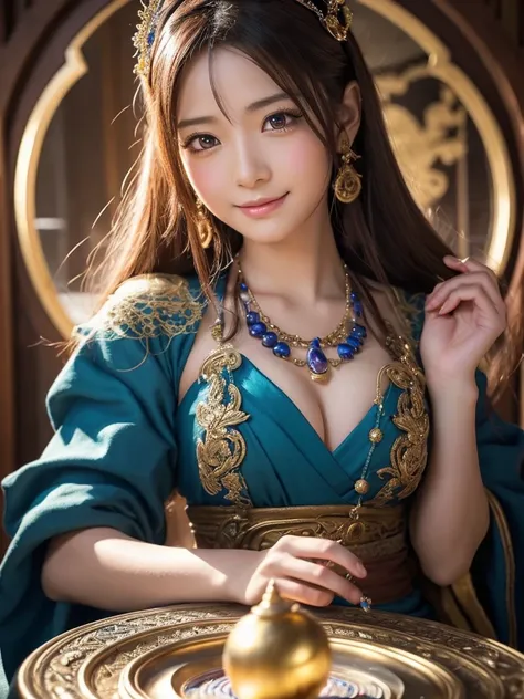 a detailed portrait of Minea the fortune teller from Dragon Quest IV, 1 japanese woman, beautiful detailed eyes, beautiful detailed lips, extremely detailed face and features, long eyelashes, smile,intricate cosplay, alchemist costume, holding a magical cr...