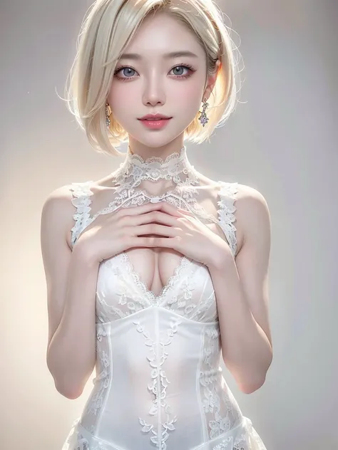 8k,Confused, High resolution, Very detailed, 1 girl, alone, Very beautiful eyes, Ultra-precise depiction, artistic、Very detailed depiction, (Tangled:1.2), , (White high key background:1.5), (((White lace dress 1.5))), 、 short hair、Earrings and Necklaces、Pl...