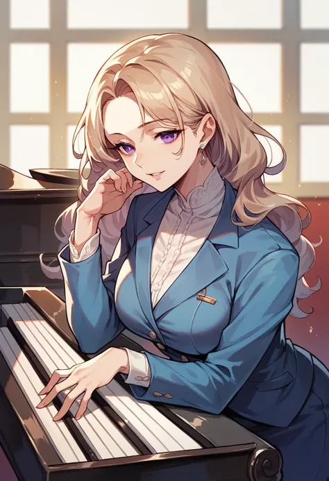 MILF, Long blond hair, purple eyes, blue suit, music instructor, piano