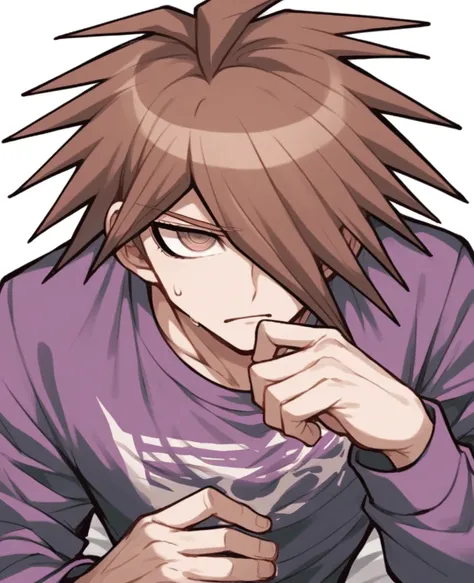 Human Male , Brown hair Style  ,Purple anime shirt,hair over one eye ,(Danganronpa) Art style ,