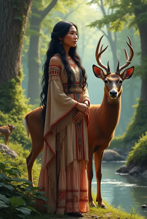 Native american adult princess wearing a brown and pink dress next a deer