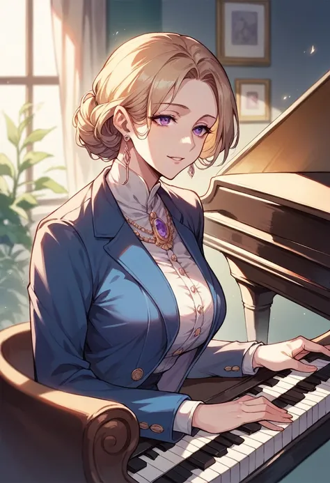 MILF, Long blond hair, purple eyes, blue suit, music instructor, piano