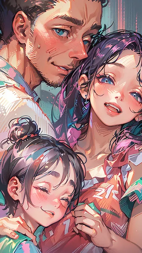 (colorful adult magazine cover with lots of text)，(close-up:1.2)，pajamas， 1girl，grasp by hand，(mother and son:1.5)，(kiss:1.2)，(a...