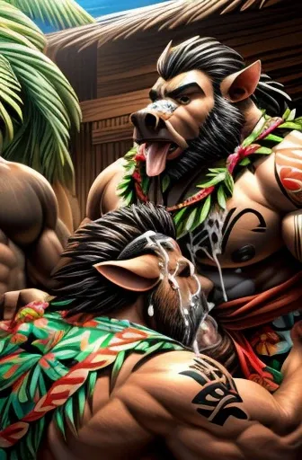 Super muscular adult boar beastman,(Wear Hawaiian traditional clothing:1.7),Open your mouth and stick out your tongue,(Surrounded by erect men:1.2),(a large amount of semen on the face and body,:1.8),Southern Island,(Deep Throat:1.5),Cumshot from huge red ...