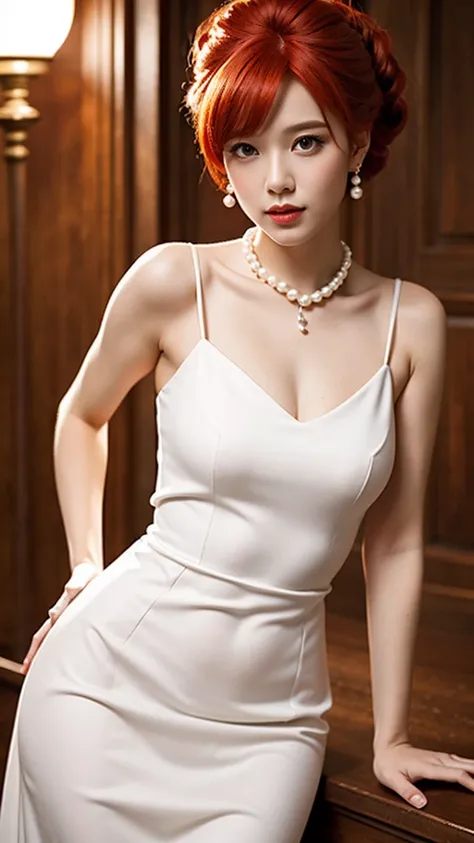 ((masterpiece, Best Quality)),(complex lighting) ,Whole body, Alone, Wilma Flintstone, Red hair, Horse tail, White dress, Pearl Necklace, lipstick,