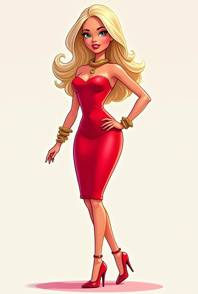 Barbie cartoon wearing a short red dress, red heels and gold snake jewelry