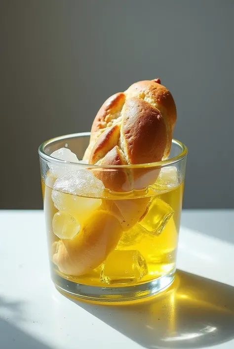 A bread with ice and olive oil in a glass inside the ice 