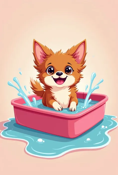 A long-haired Chihuahua in a square pink plastic pool　The coat is brown with a white center　Joyfully entering the water　Animated