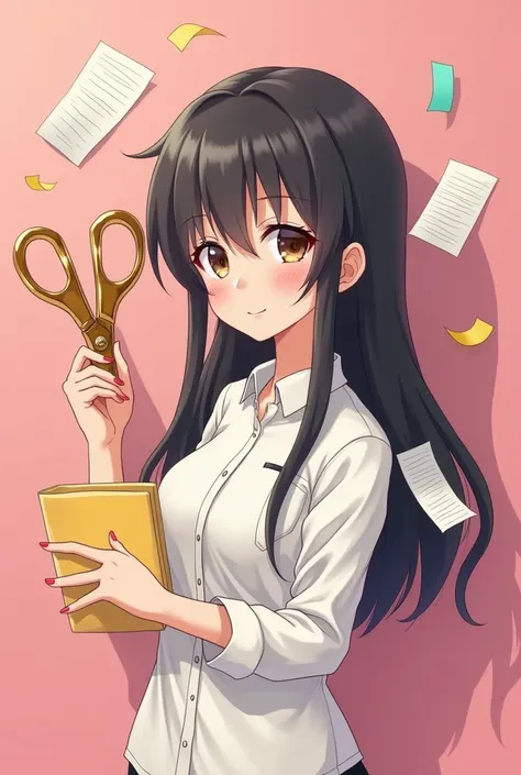 SMALL 3D ANIME TYPE POSTER, face BRUNETTE GIRL small LONG BLACK HAIR SMALL EYE TYPE WHITE SHIRT HOLDING a golden pair of scissors and many sheets of colored paper, pink back ground, gold and flying papers
