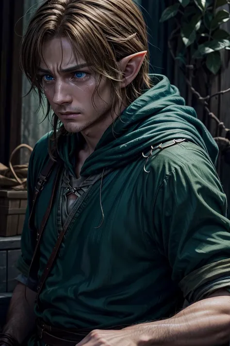 Very detailed, A super-realistic live-action image of Link from The Legend of Zelda looking left,、Very detailed顔の特徴, Piercing blue eyes, Sharp jawline, disheveled brown hair, Sad expression,Flowing Tears、 Green-themed elf clothing