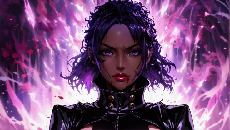 Muscular woman, black skin, dark purple hair, black coat with high collar, crazy look, bloody background, "Anime character design inspired by One Piece, dramatic and impressive lighting, centered character, impressive face, full of creative details, ultra-...