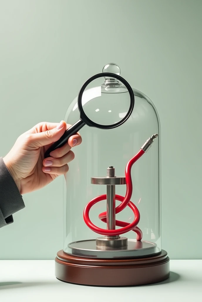 A hand holding a magnifying glass with a glass case at the bottom with a thick red wire inside