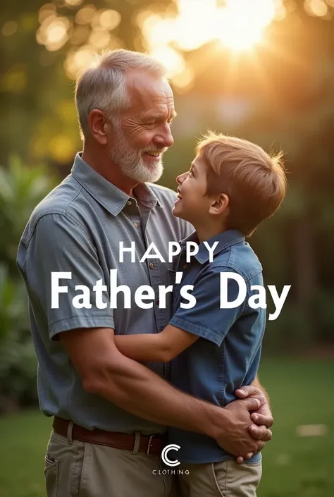 Create a realistic Father&#39;s Day image with a father and son, a father&#39;s day message and the M logo & C Clothing 