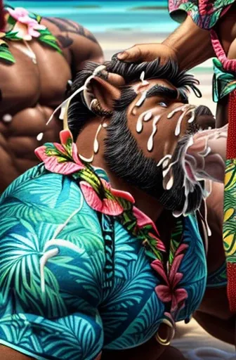 Super muscular adult boar beastman,(Wear Hawaiian traditional clothing:1.7),Open your mouth and stick out your tongue,(Surrounded by erect men:1.2),(a large amount of semen on the face and body,:1.8),Southern Island,(Deep Throat:1.5),scrotum,Brown fur,Blac...