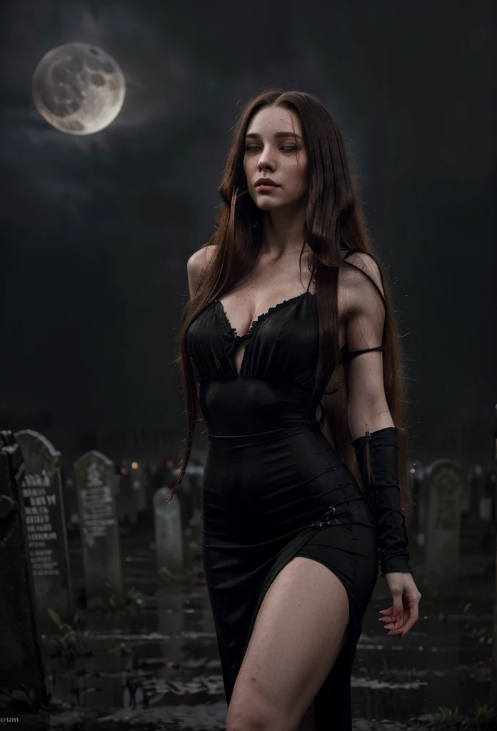 Artwork of a beautiful vampire woman with very red and chapped lips with tasting drops of blood in her mouth, has (((Long hair))) that reaches her waist, brown in color, wearing a long, tight black dress that highlights her slender figure, the environment ...