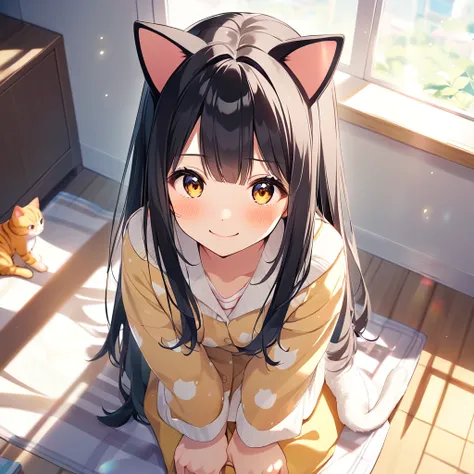 Girl,cute,cute,From above,Chest to head,smile,Embarrassed,Straight Hair,Long Hair,Black Hair,Girl sitting,morning,sunny,Light shines in,cuteキャミソール,looking at the camera,Cat pose,My Room