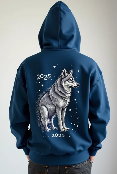 Give me the design of a sweatshirt and a prom jacket from the Colsubsidio Ciudadela school. The clothes have to be cute with a wolf on the back. It also has to have the number 2025 since that is the prom. It has to be cute and minimalist. Do it with a hood...